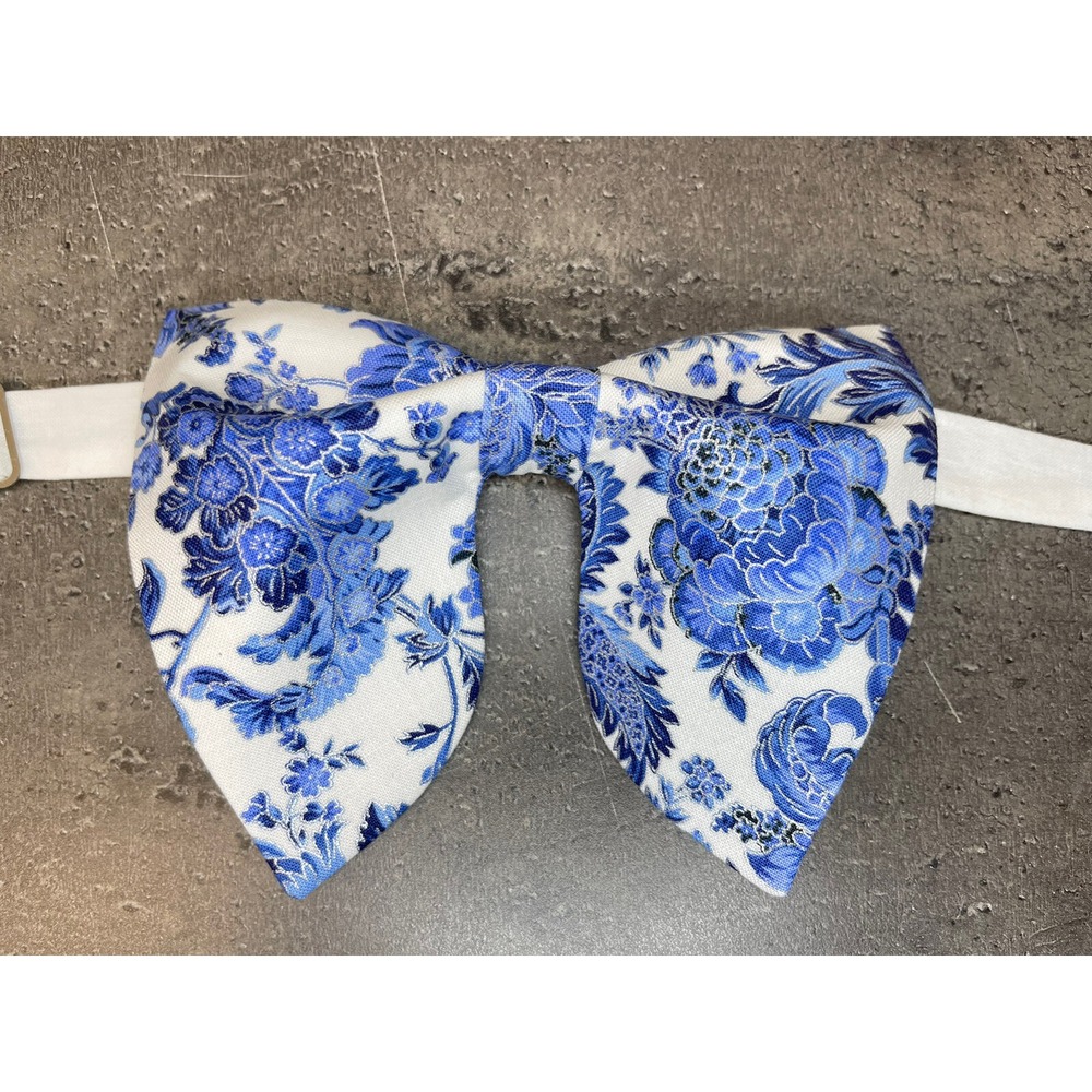 Vintage Floral Toile Floppy Bow Tie Blue White Adjustable Formal Accessory
